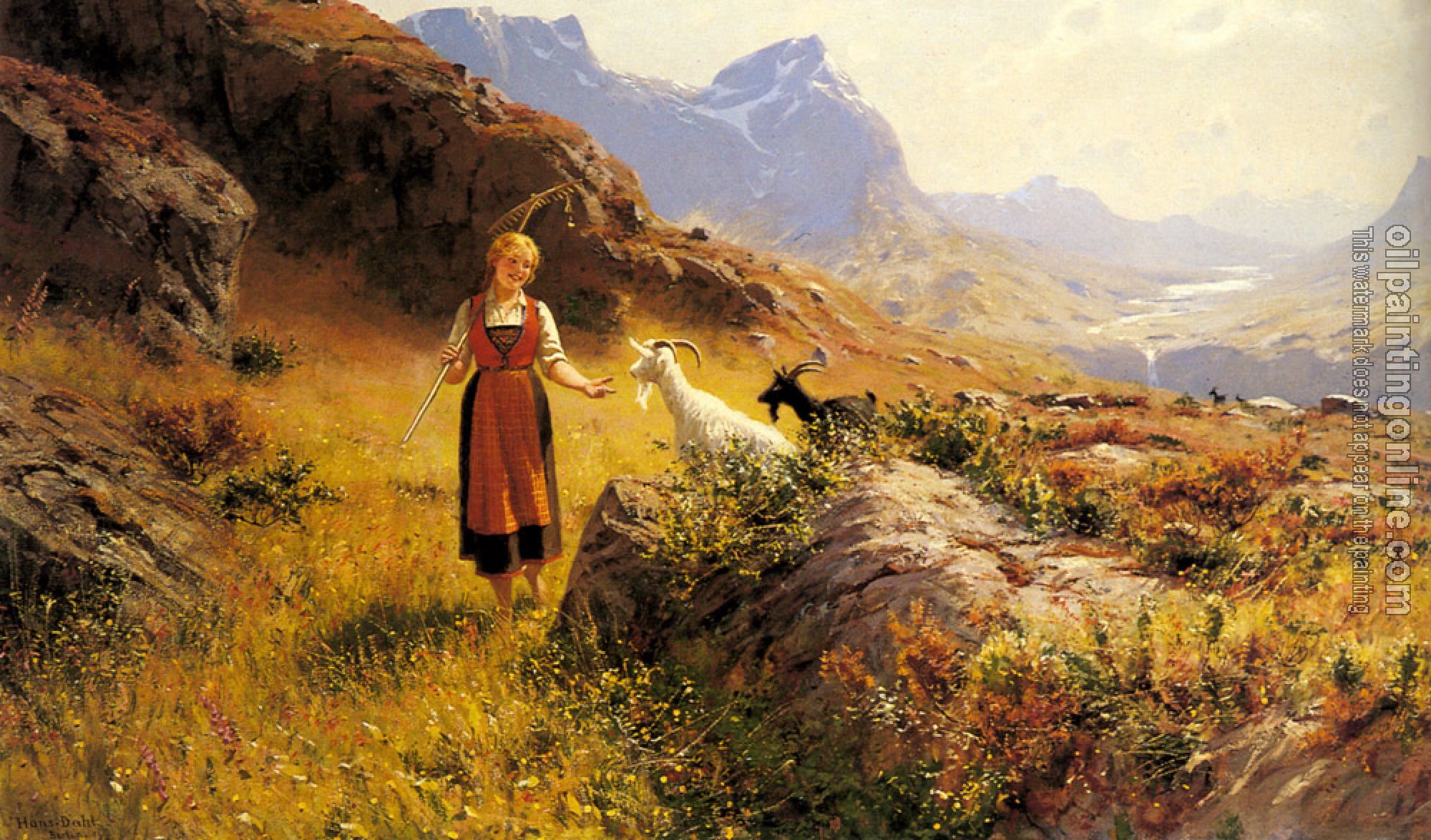 Dahl, Hans - An Alpine Landscapewith a Shepherdess and Goats